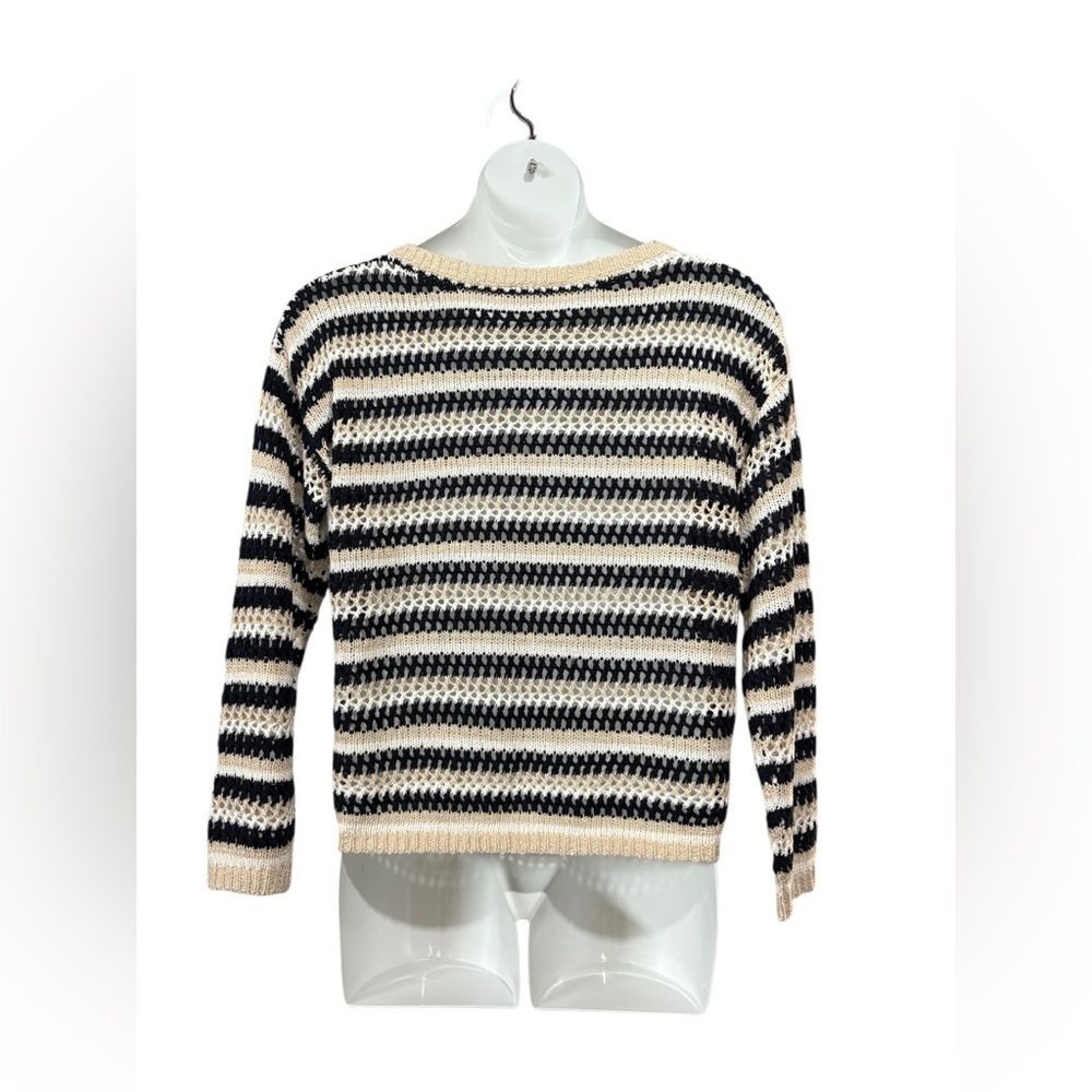 NEW, Laura, Striped Open-Knit Sweater, XL, Black, White, Cream - Picture 7 of 9